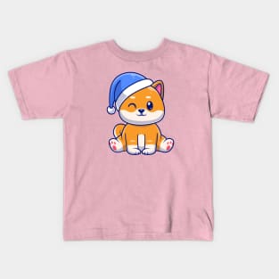 Cute Shiba Inu Dog Winter Sitting With Beanie Hat Cartoon Kids T-Shirt